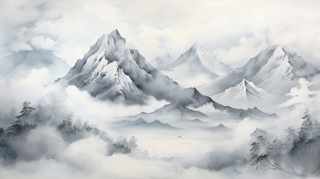 Mountains in grey mist — full design