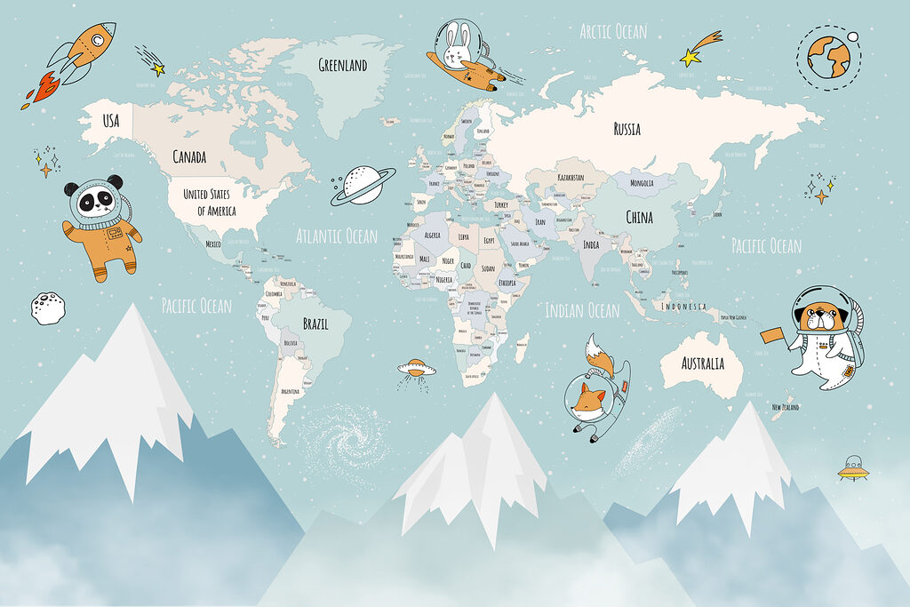 World map with astronauts — full design