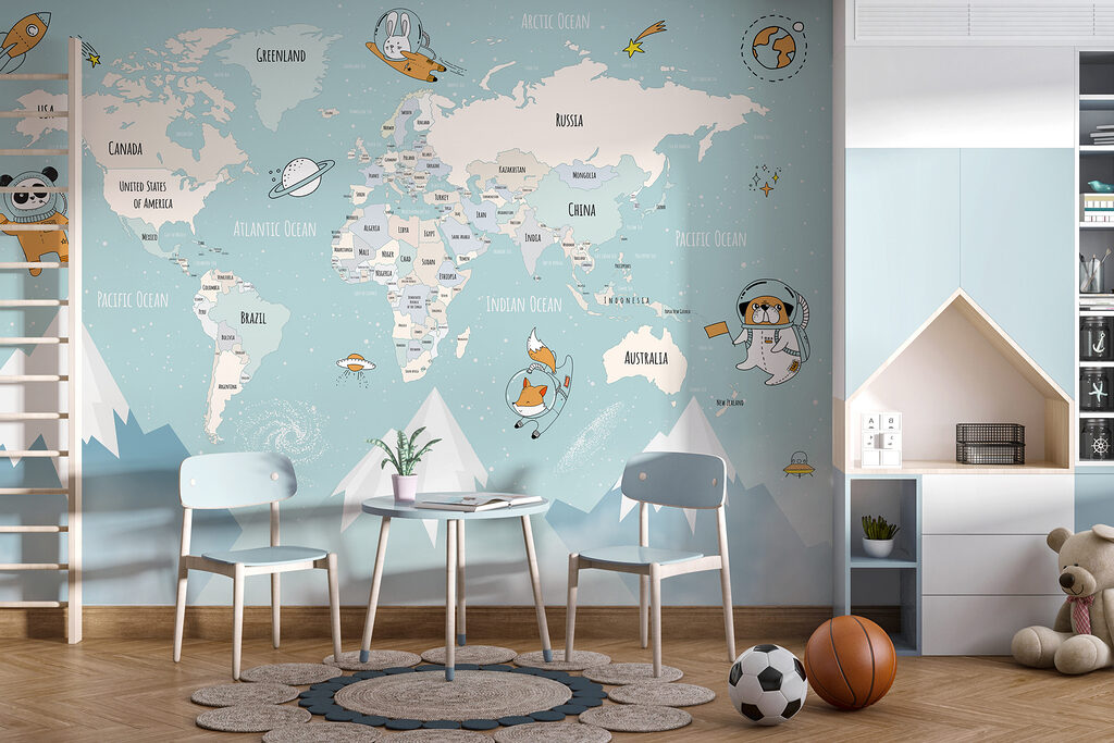 World map with astronauts — interior 1