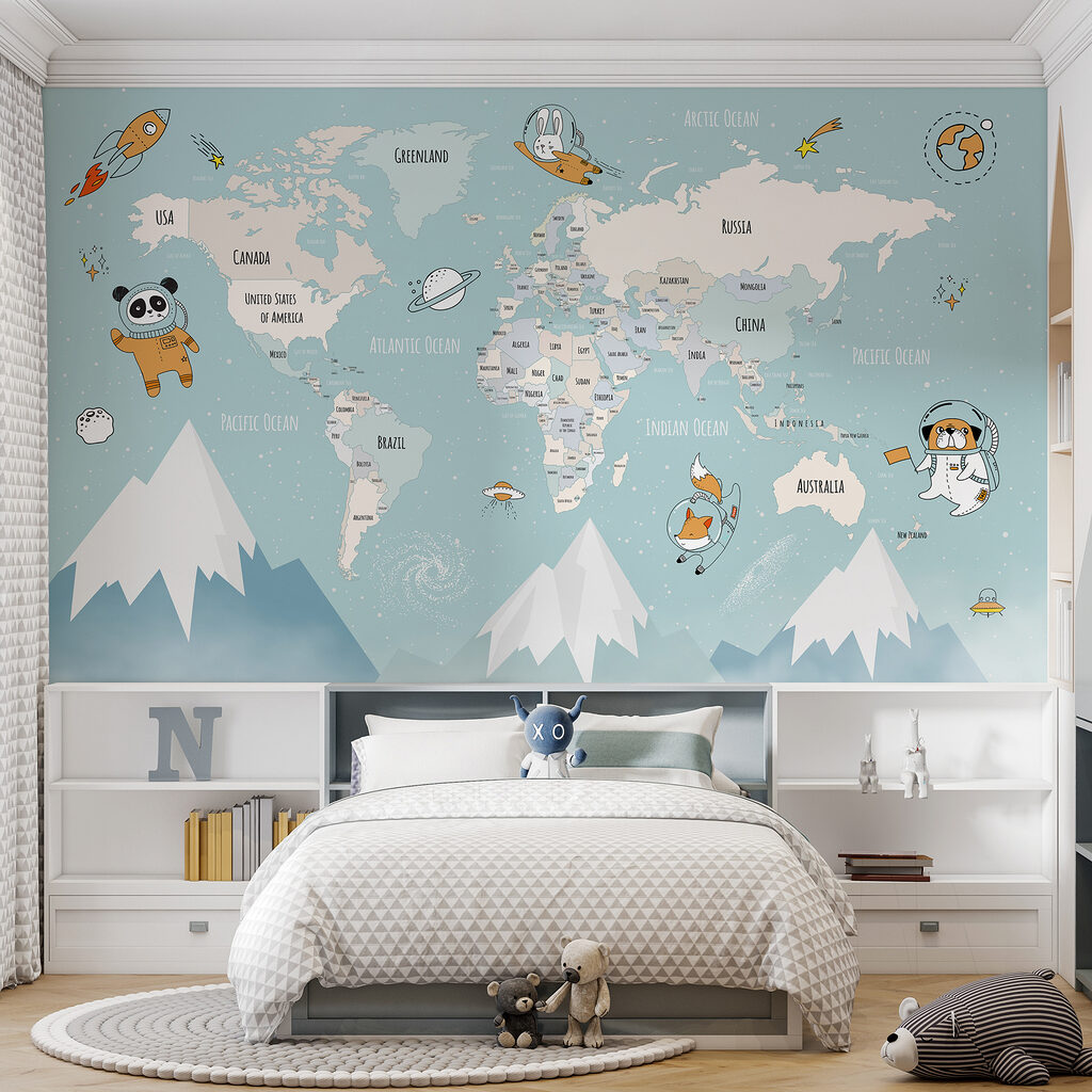 World map with astronauts — interior 2