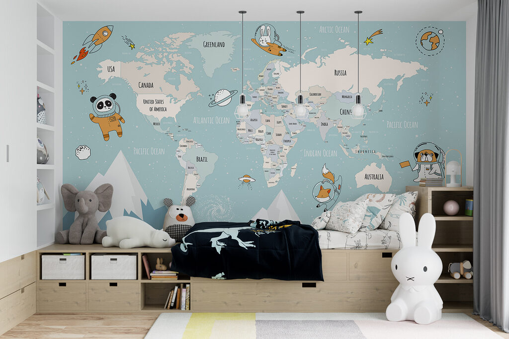 World map with astronauts — interior 3