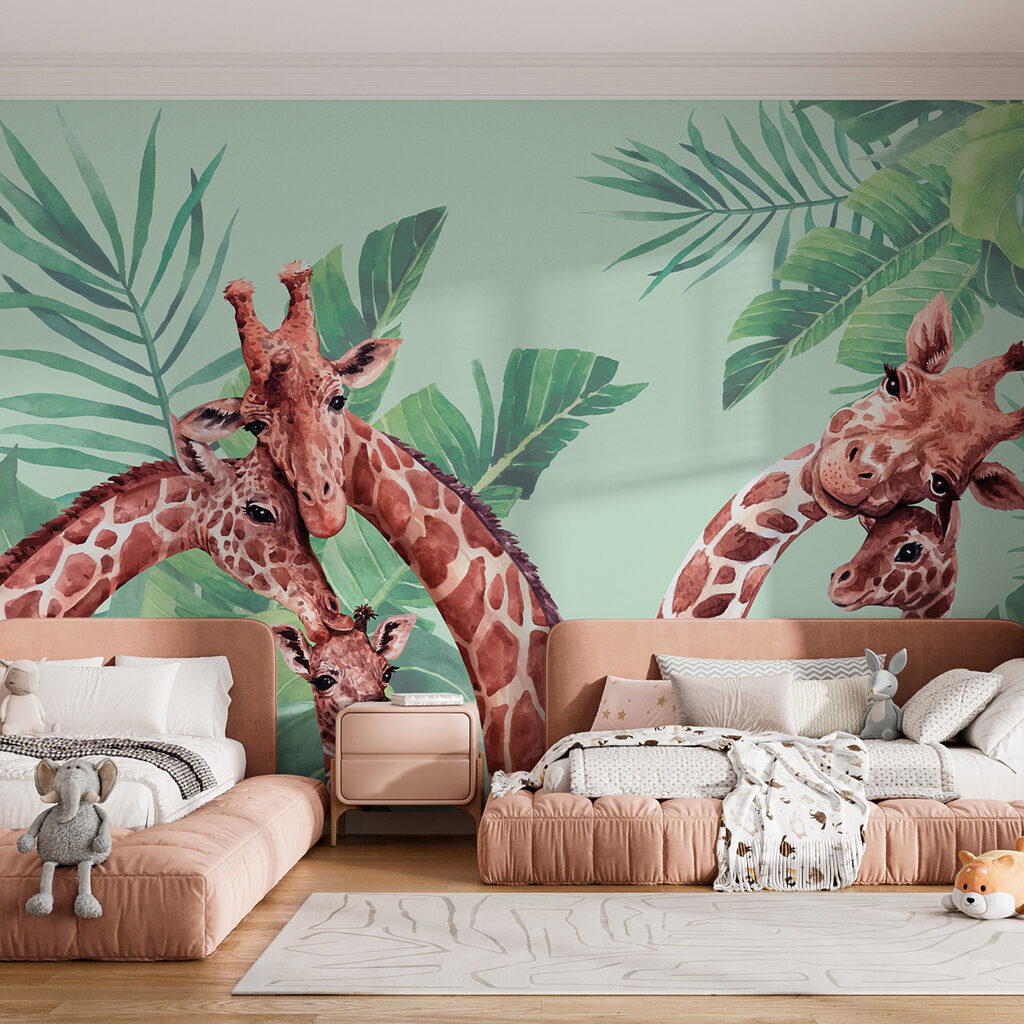 Three giraffes among leaves — interior 2