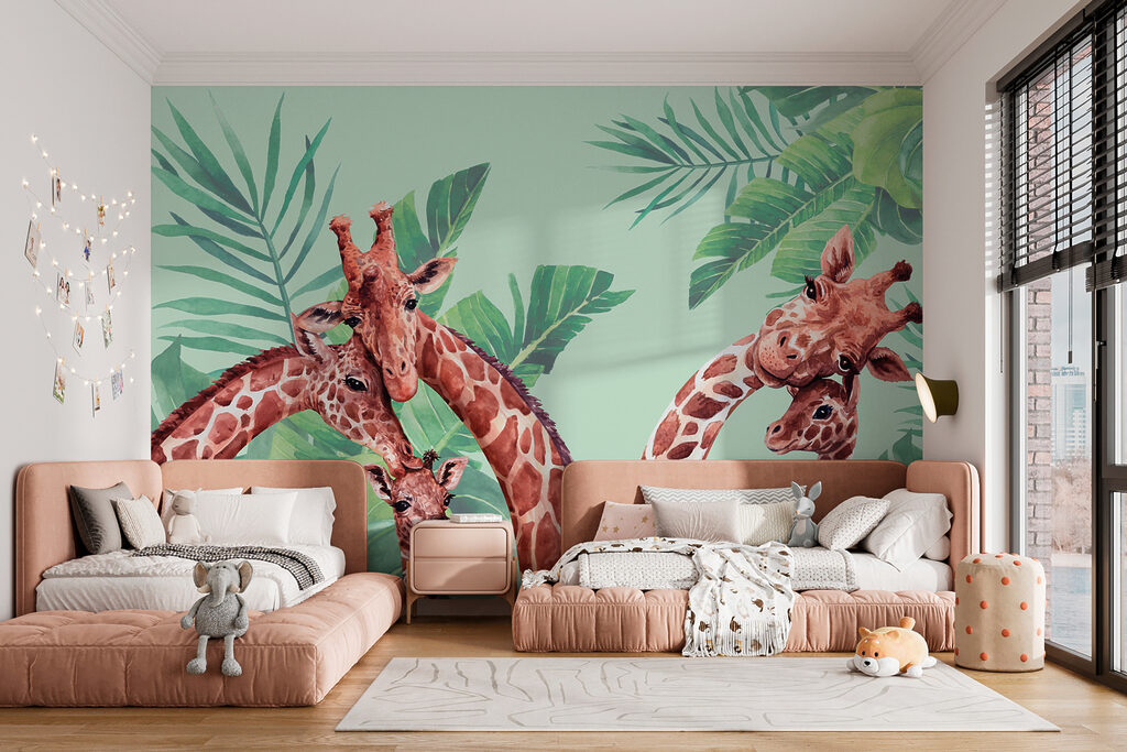Three giraffes among leaves — interior 3