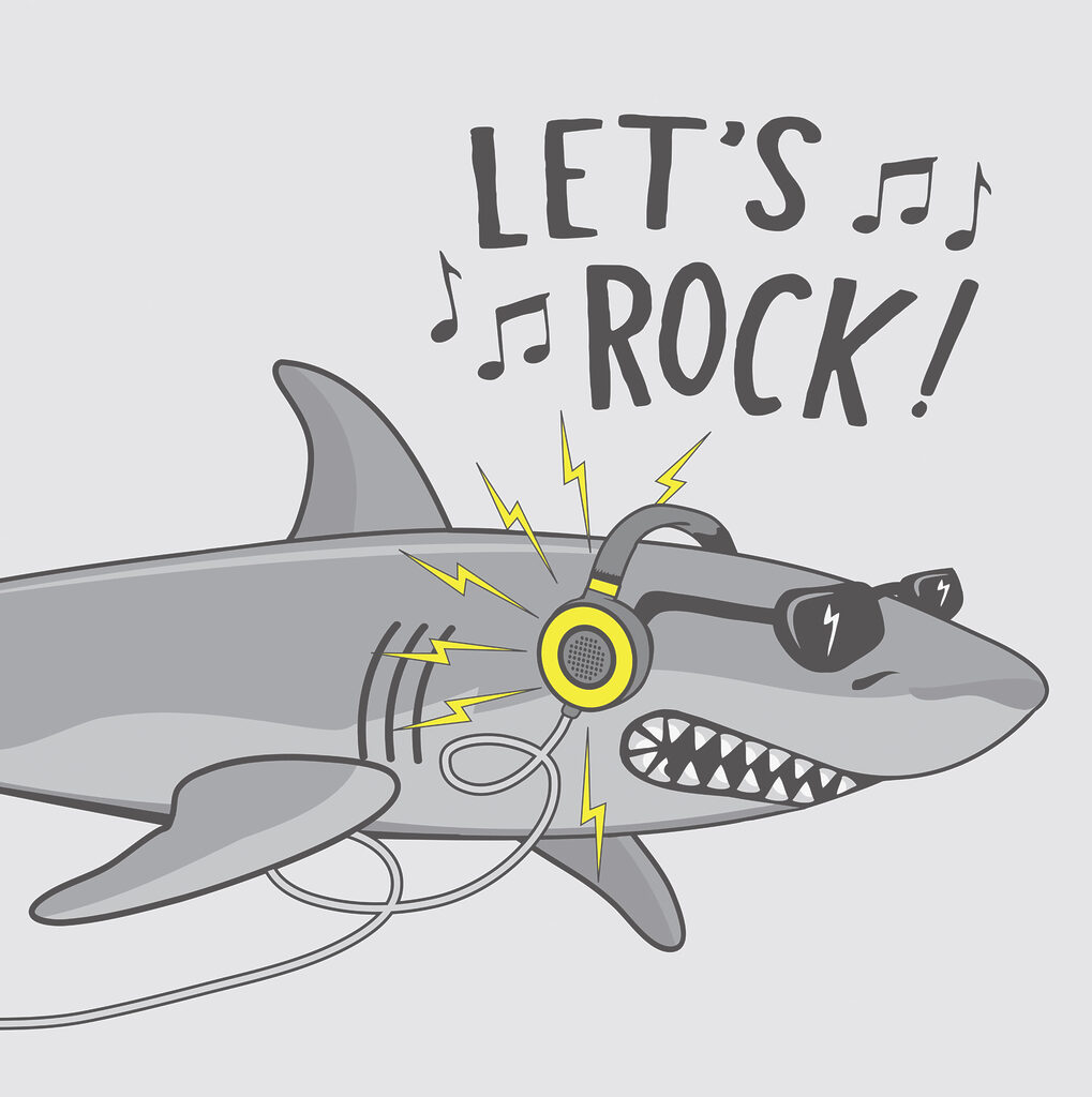 Shark with headphones — full design