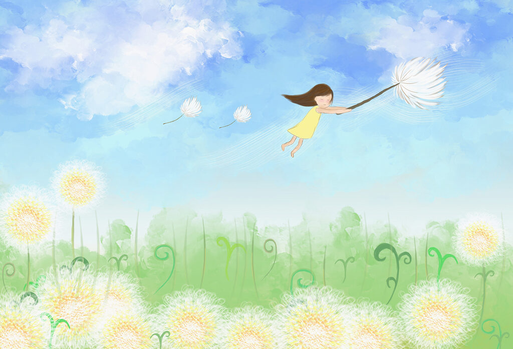 Girl floating with dandelion — full design