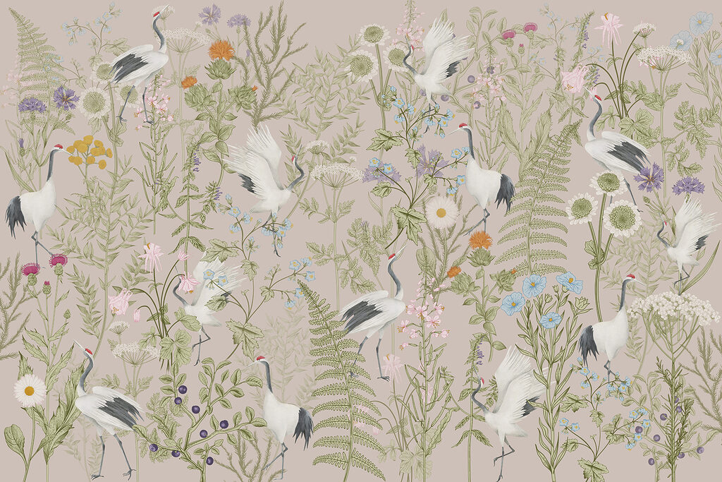 White birds among wildflowers — full design