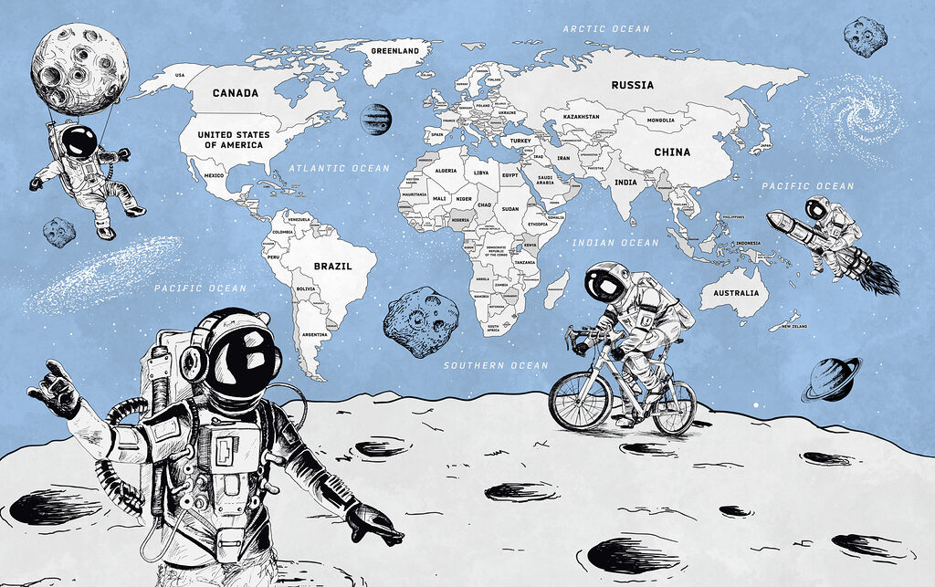 Astronauts under a map — full design