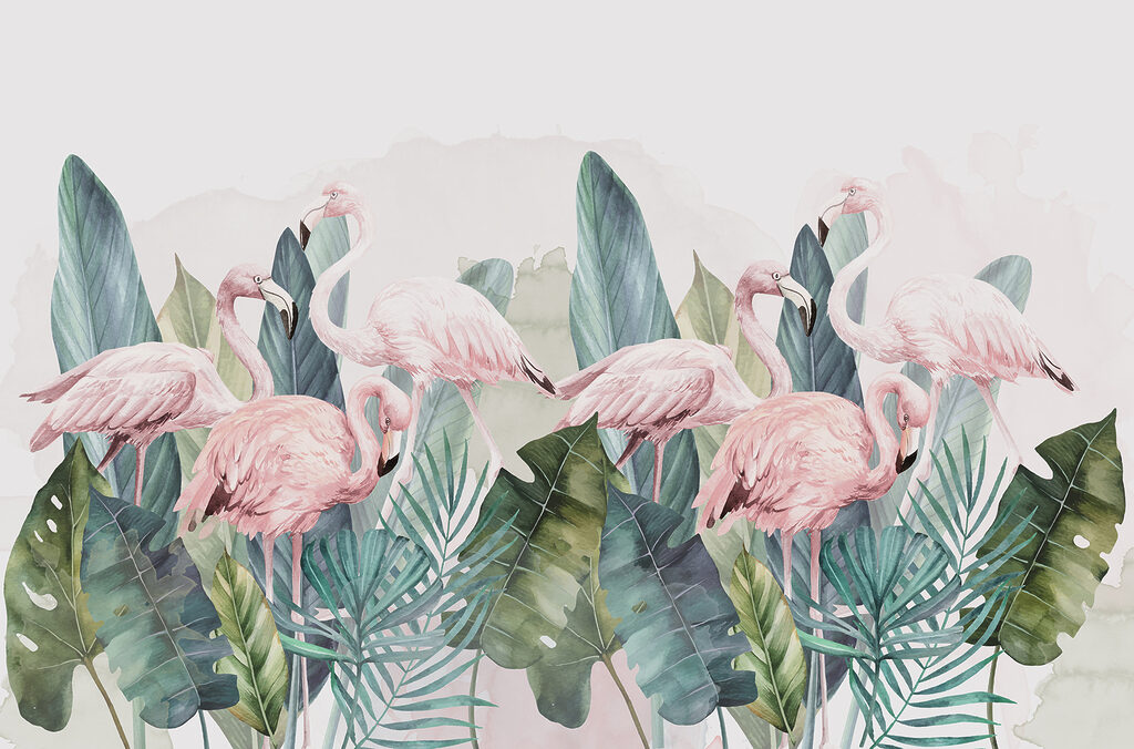 Flamingos among leaves — full design