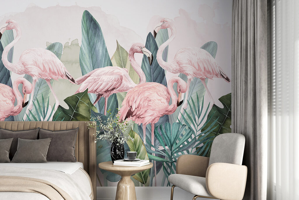Flamingos among leaves — interior 1