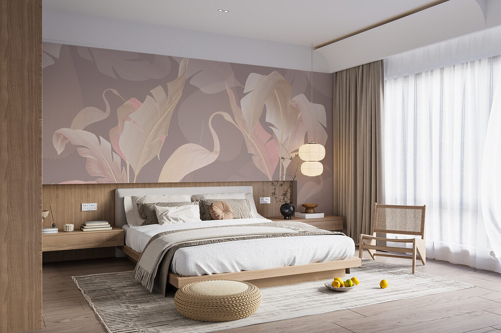 Flamingo silhouettes among leaves — interior 1