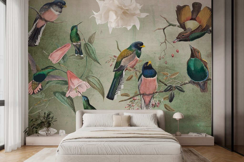 Colourful birds on branches — interior 1
