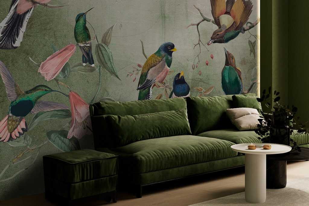 Colourful birds on branches — interior 2