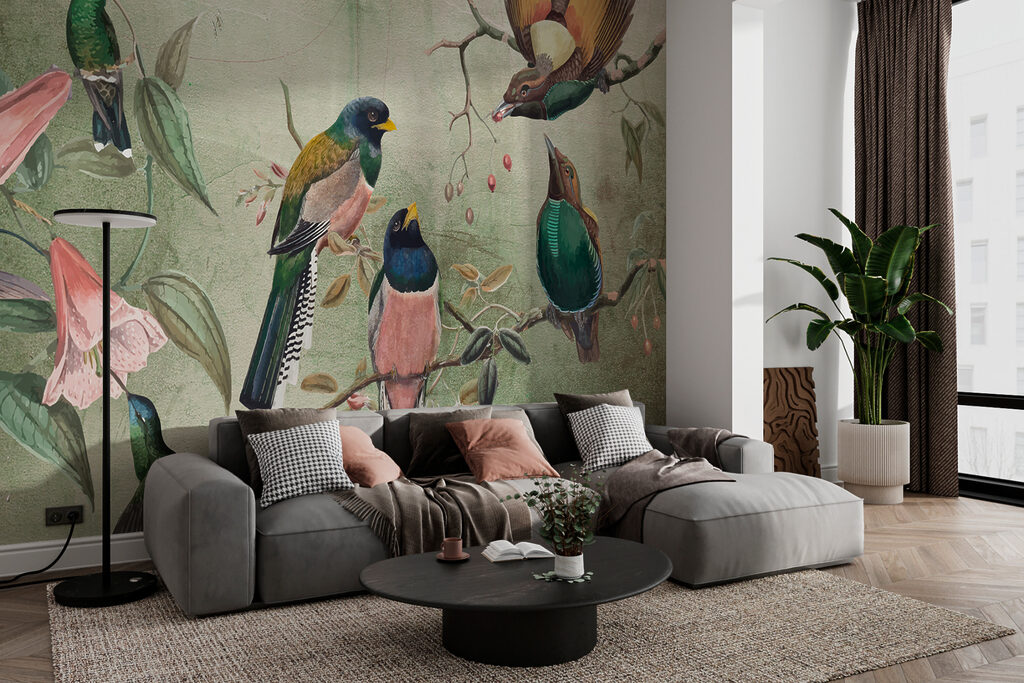Colourful birds on branches — interior 3