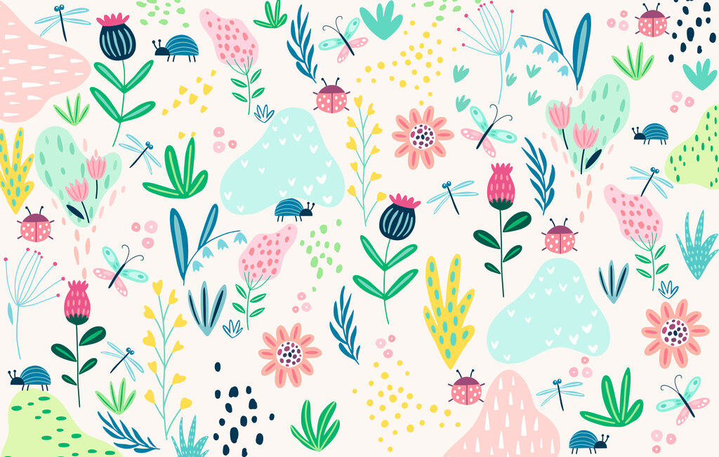 Beetles among colourful flowers — full design