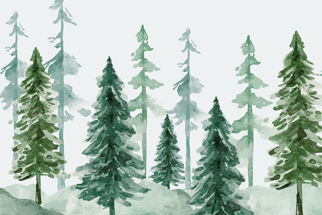 Green watercolour pines — full design
