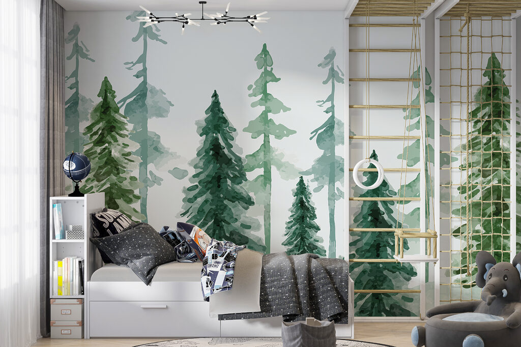 Green watercolour pines — interior 1
