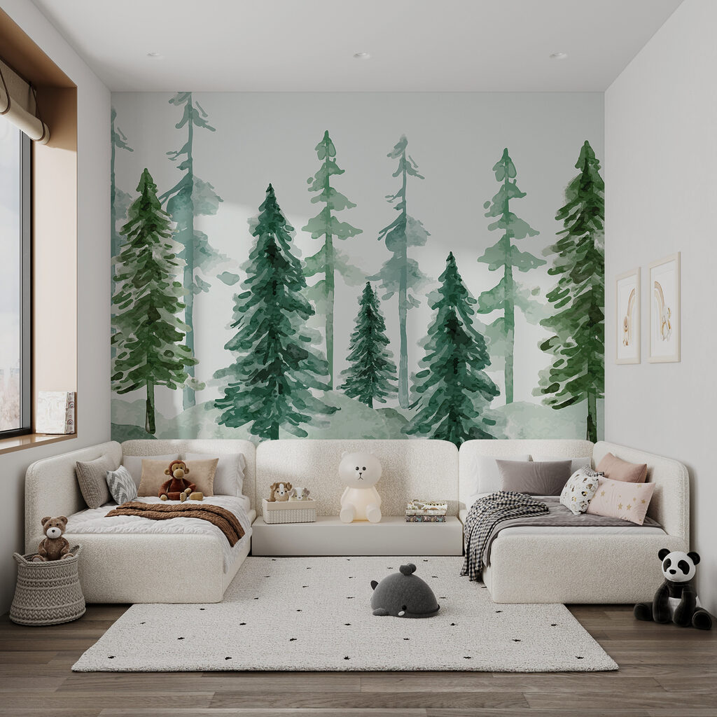 Green watercolour pines — interior 2