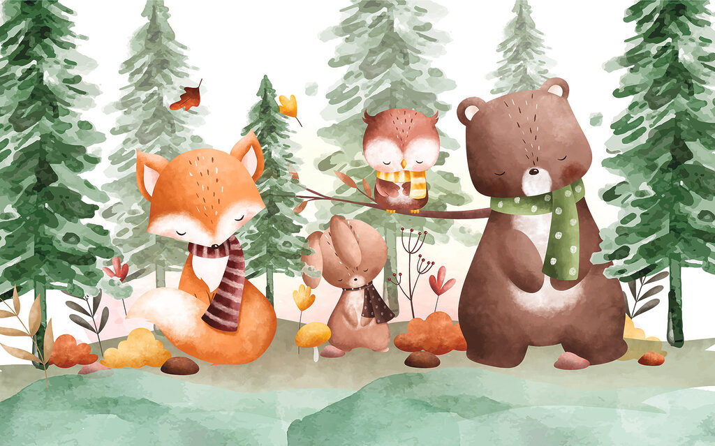 Woodland friends in scarves — full design