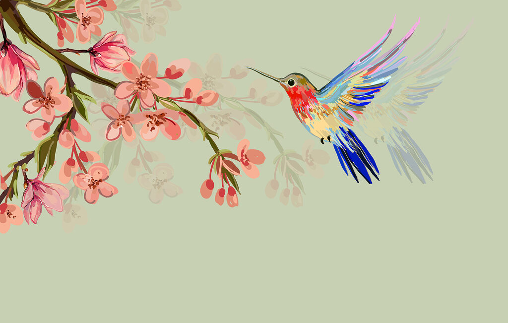 Hummingbird by pink blossom — full design