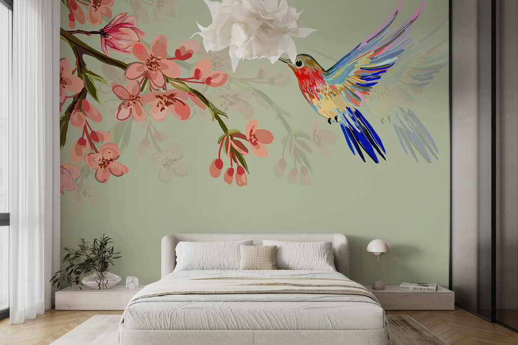 Hummingbird by pink blossom — interior 2
