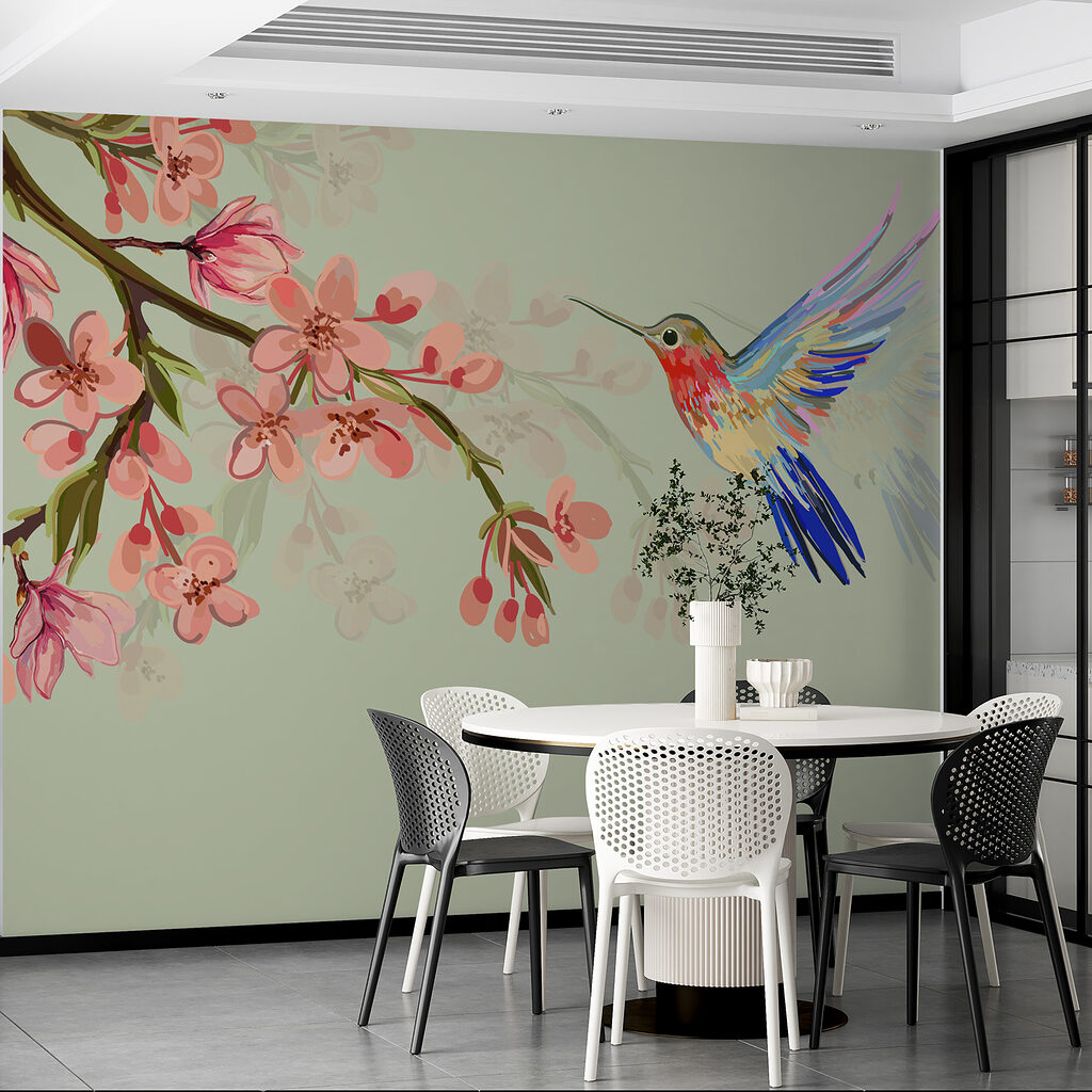 Hummingbird by pink blossom — interior 3