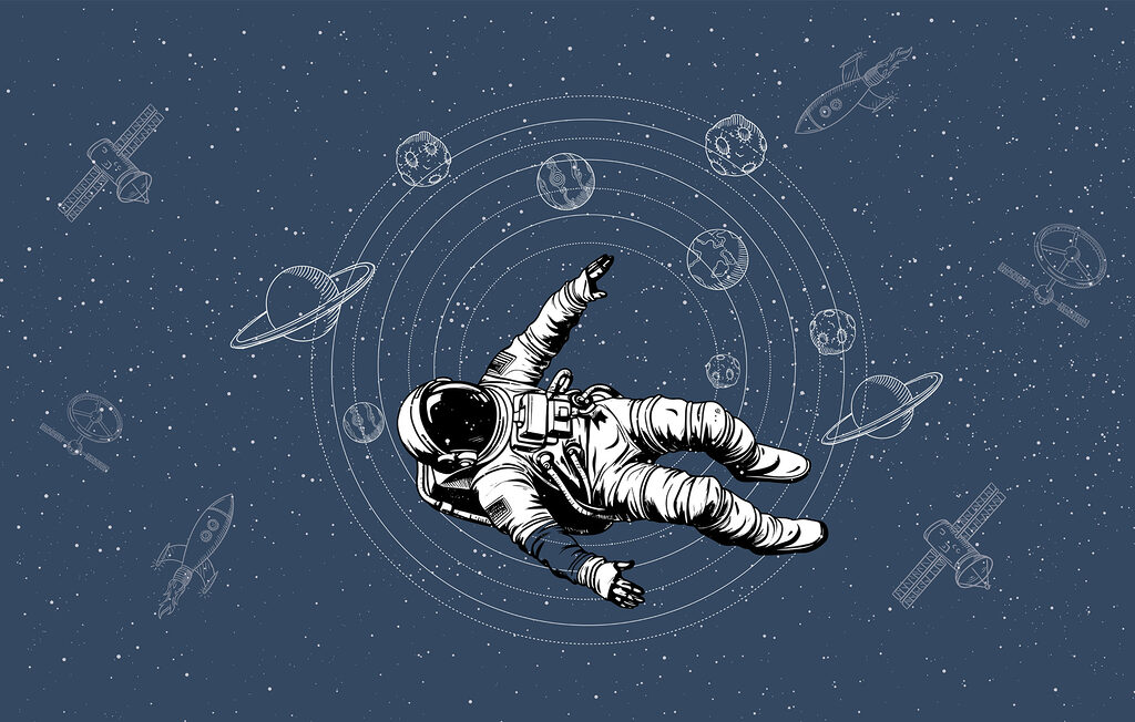 Astronaut among planet orbits — full design