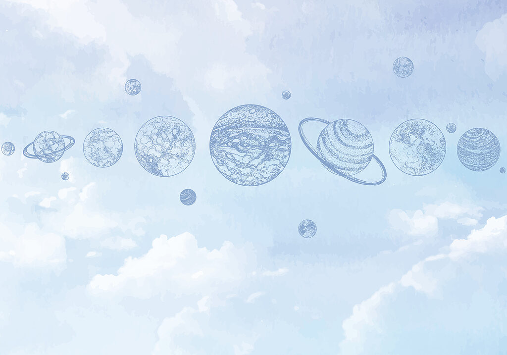 Planets above blue clouds — full design