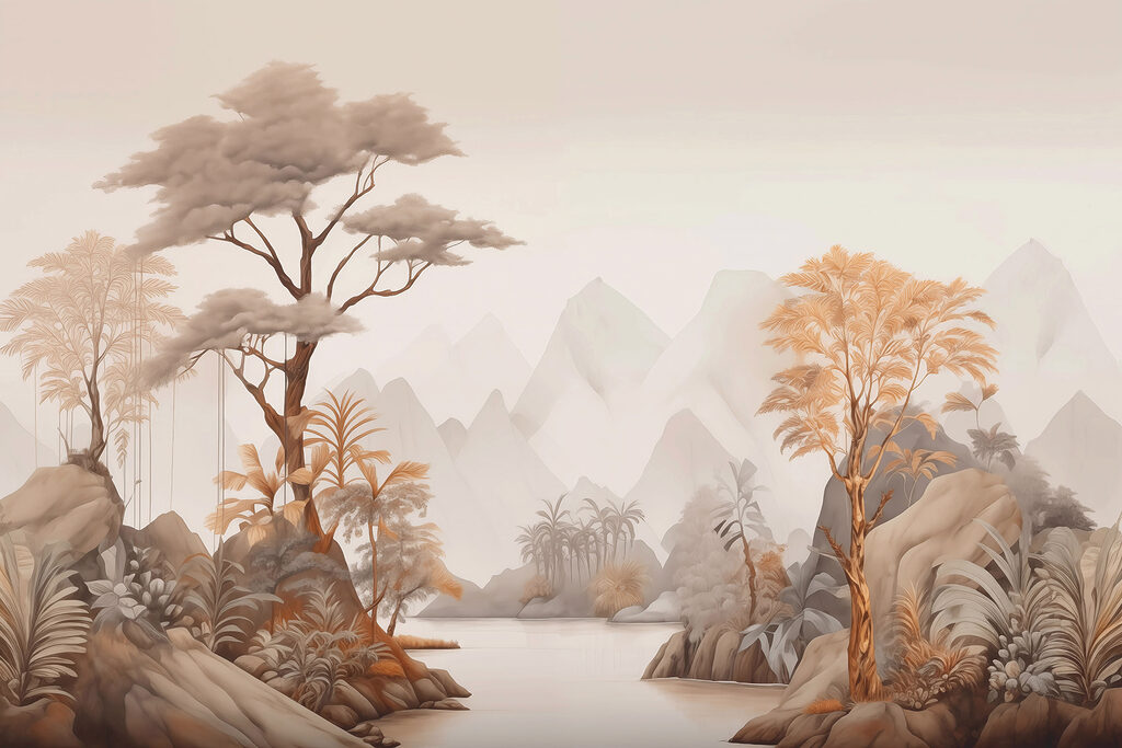 River between jungle trees — full design