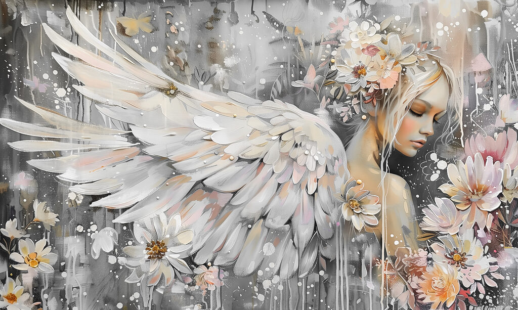 Angel among white flowers — full design