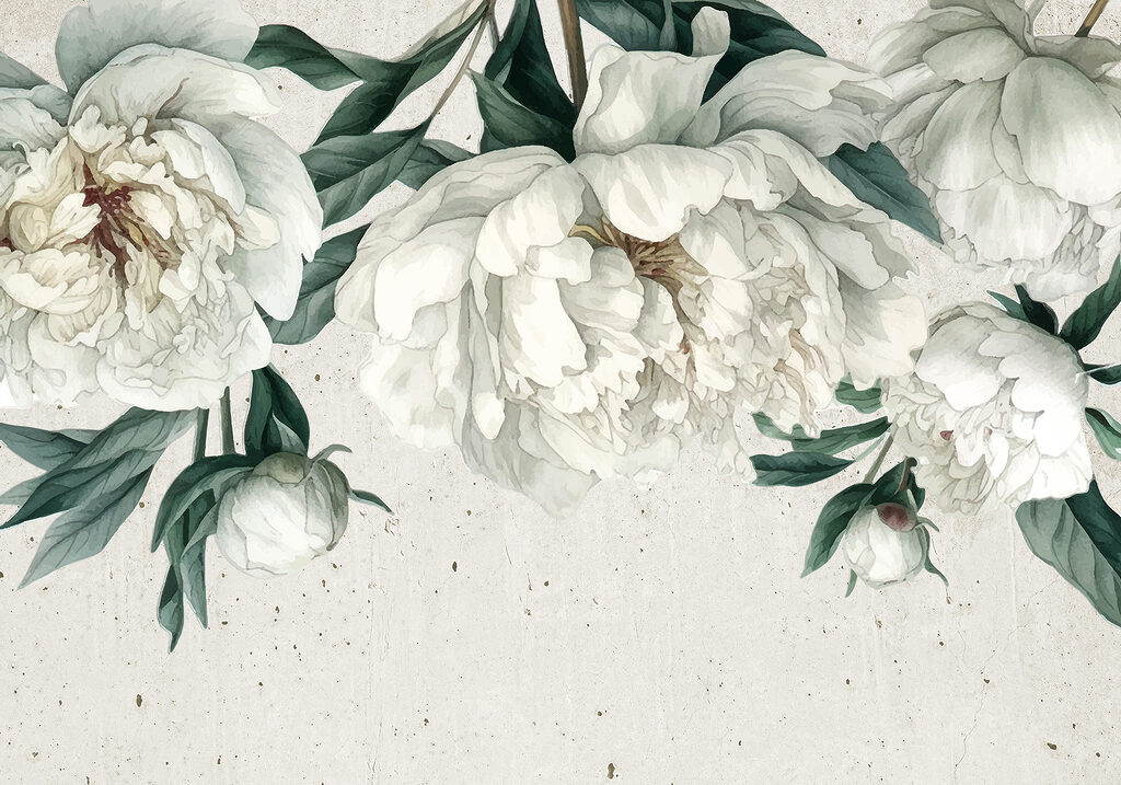 White peonies, dark leaves — full design