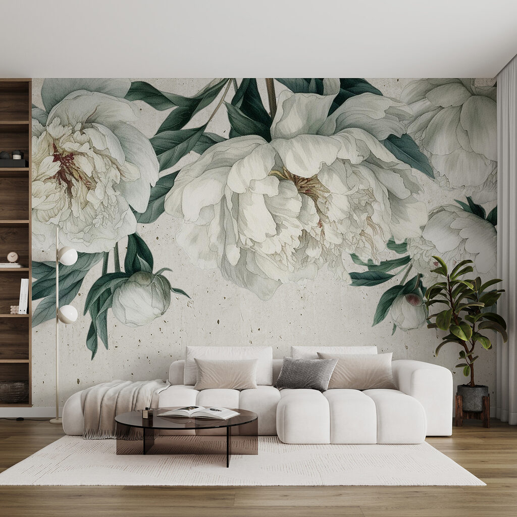 White peonies, dark leaves — interior 2