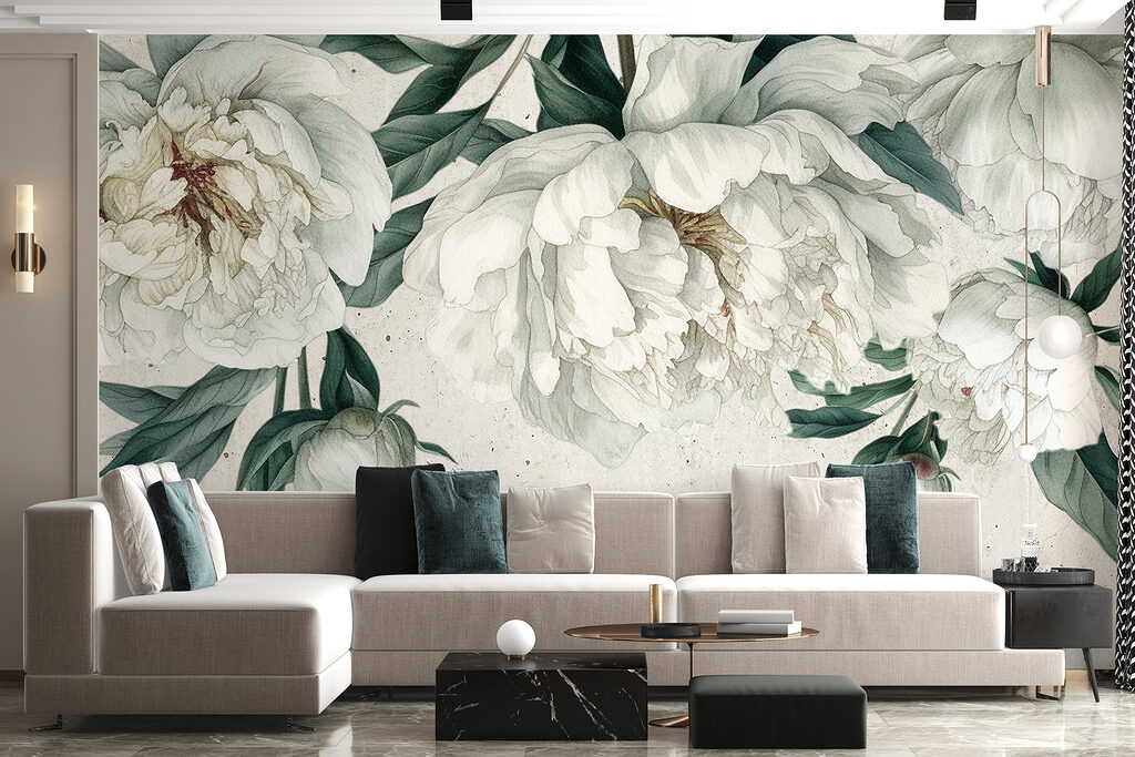 White peonies, dark leaves — interior 4