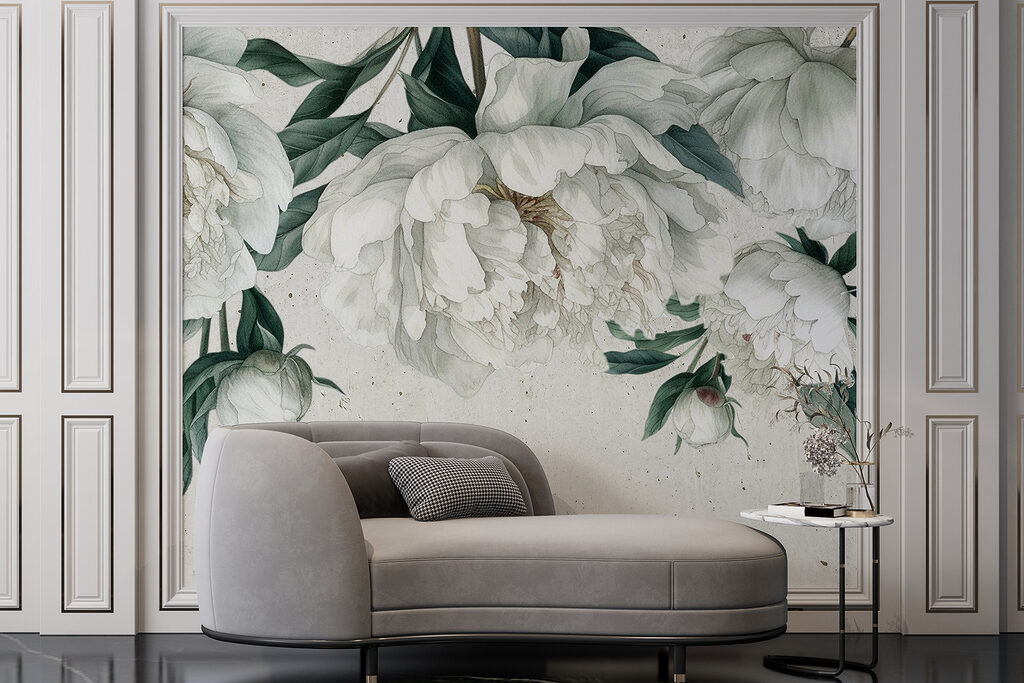 White peonies, dark leaves — interior 5