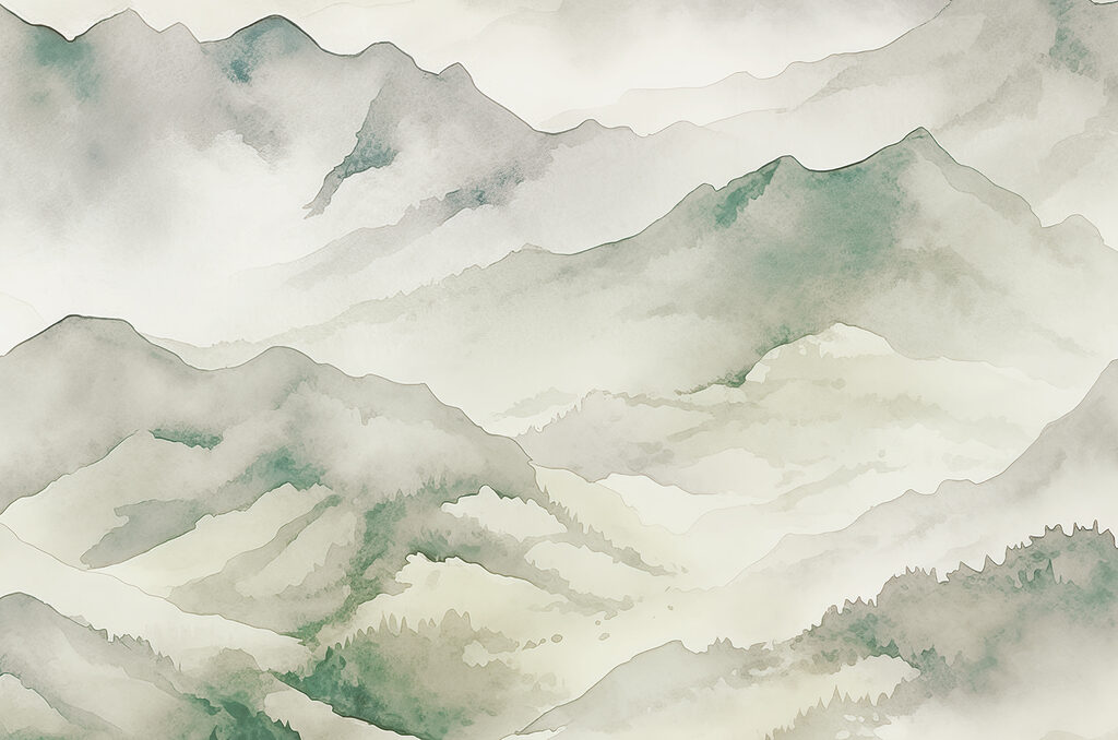 Mountain peaks in mist — full design