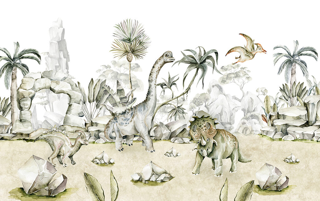 Dinosaurs among pale rocks — full design