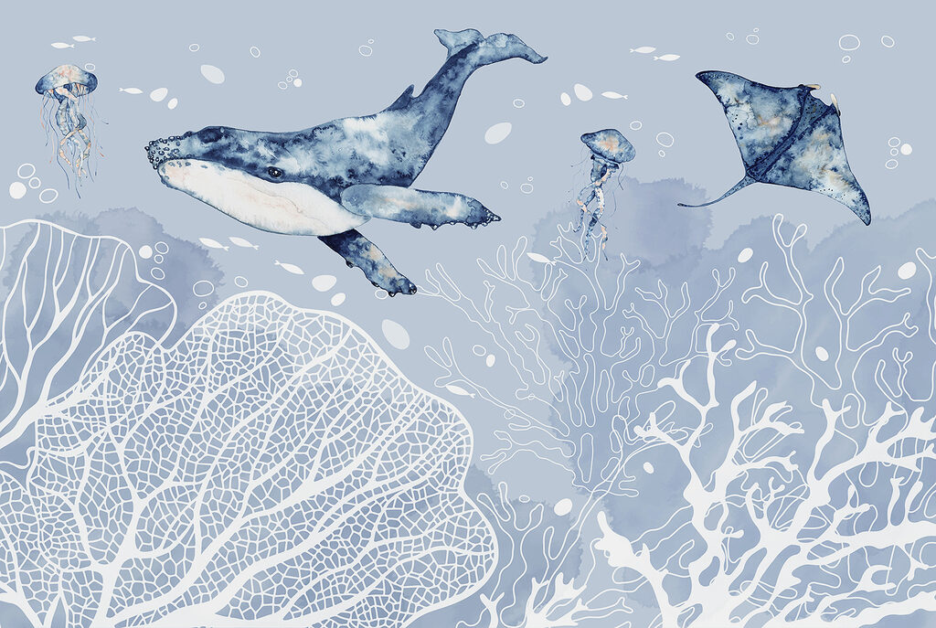 Whale above white corals — full design