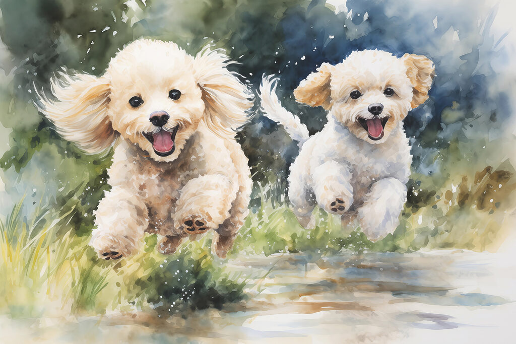 Two little dogs running — full design