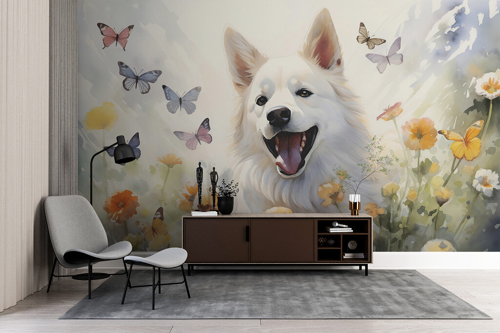 White dog among butterflies — interior 2