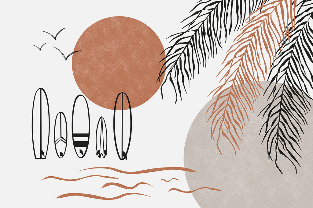 Terracotta sun over surfboards — full design