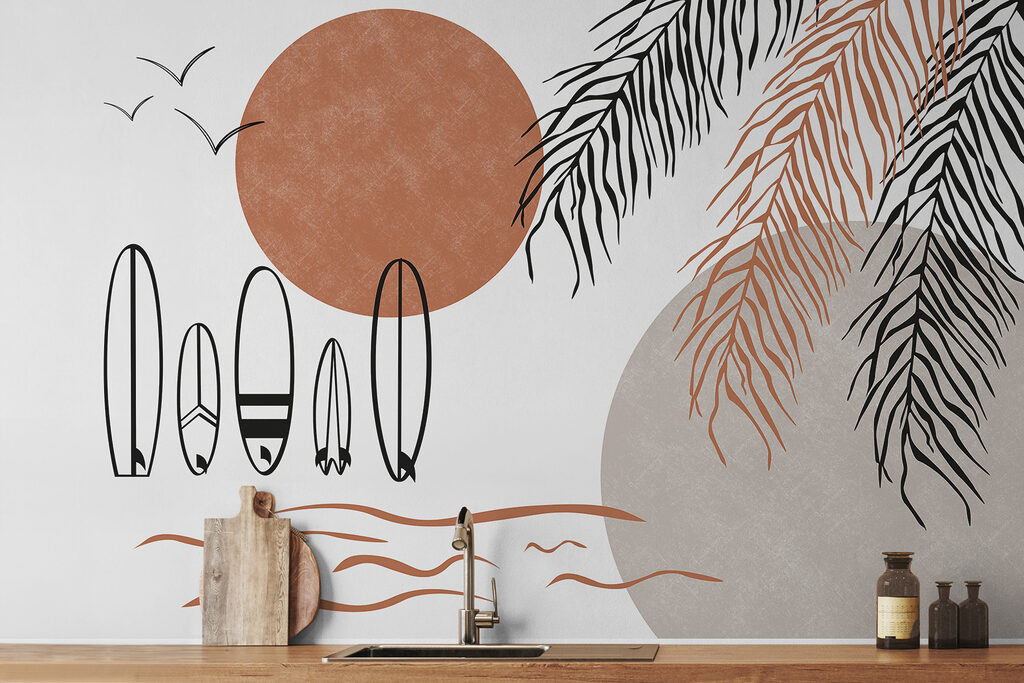 Terracotta sun over surfboards — interior 1