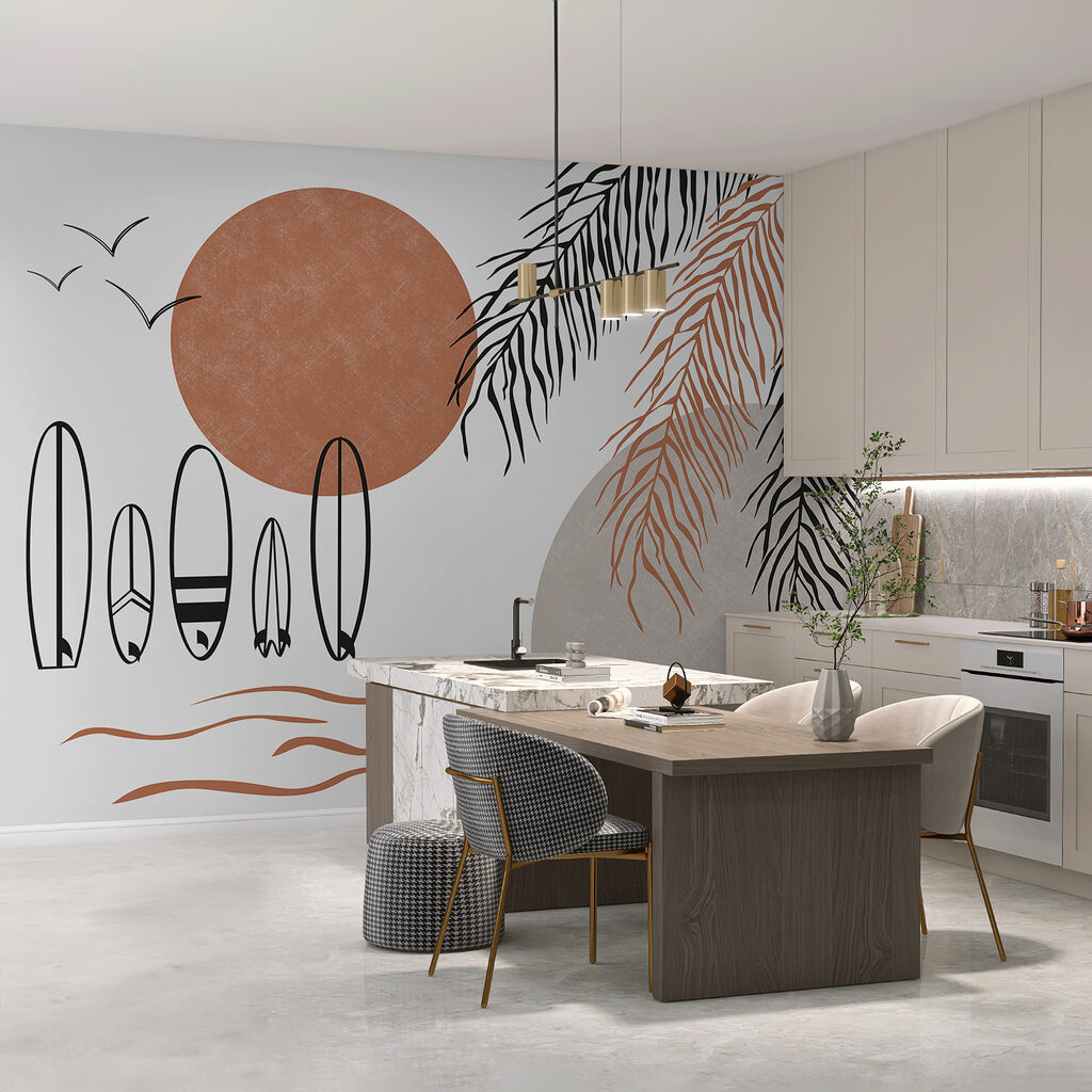 Terracotta sun over surfboards — interior 2
