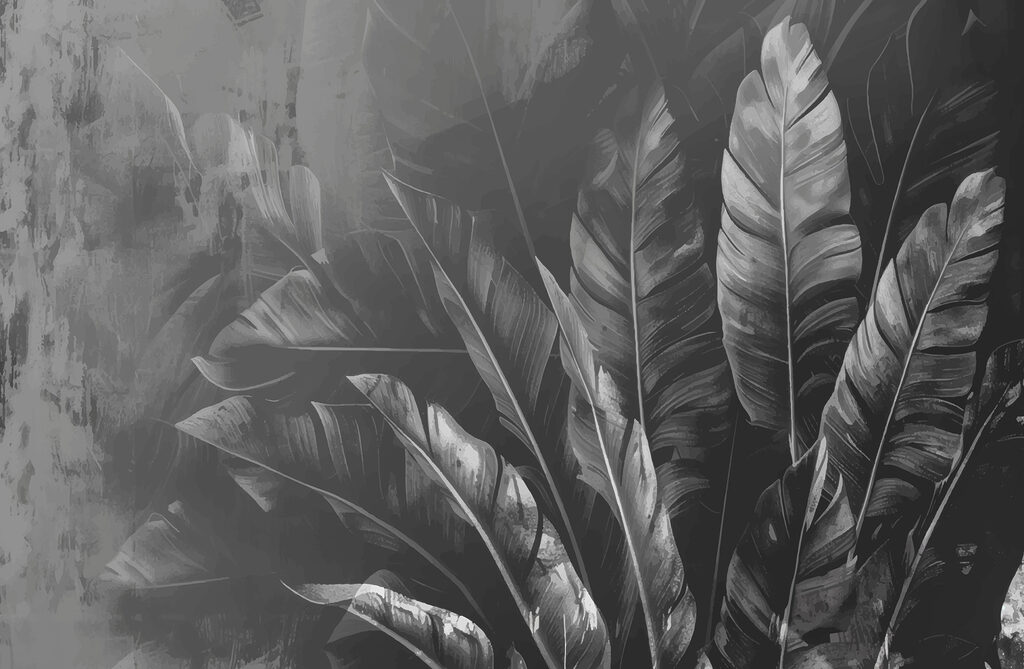 Dark leaves in mist — full design