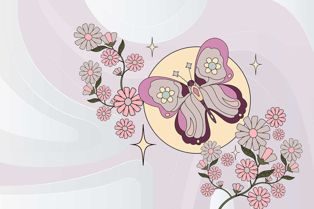 Butterfly above pink flowers — full design