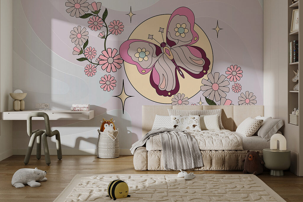 Butterfly above pink flowers — interior 1
