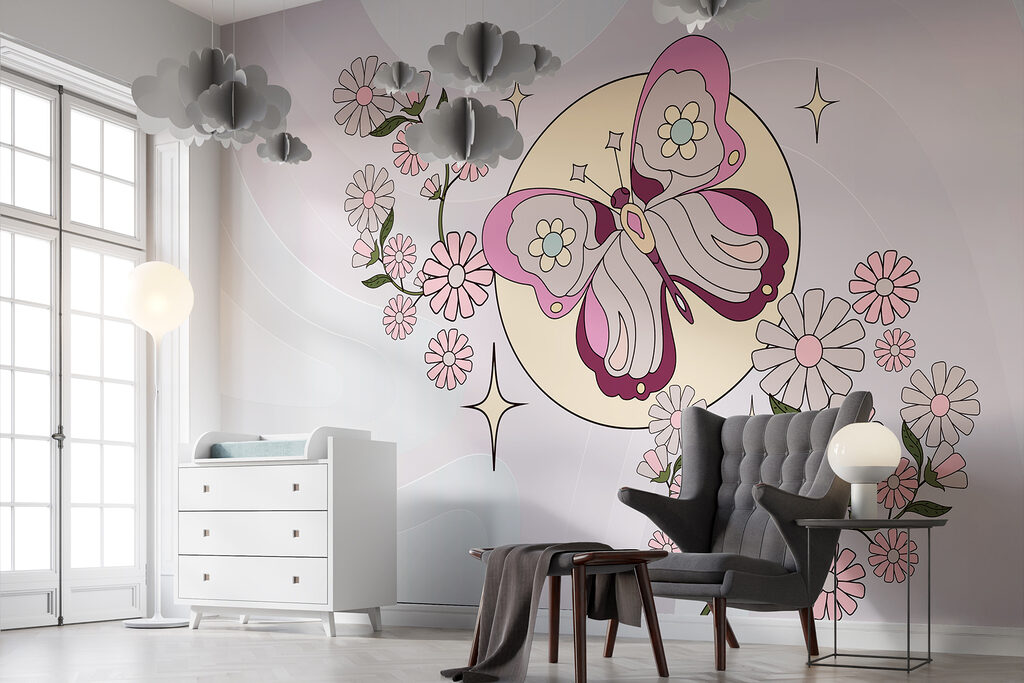 Butterfly above pink flowers — interior 2