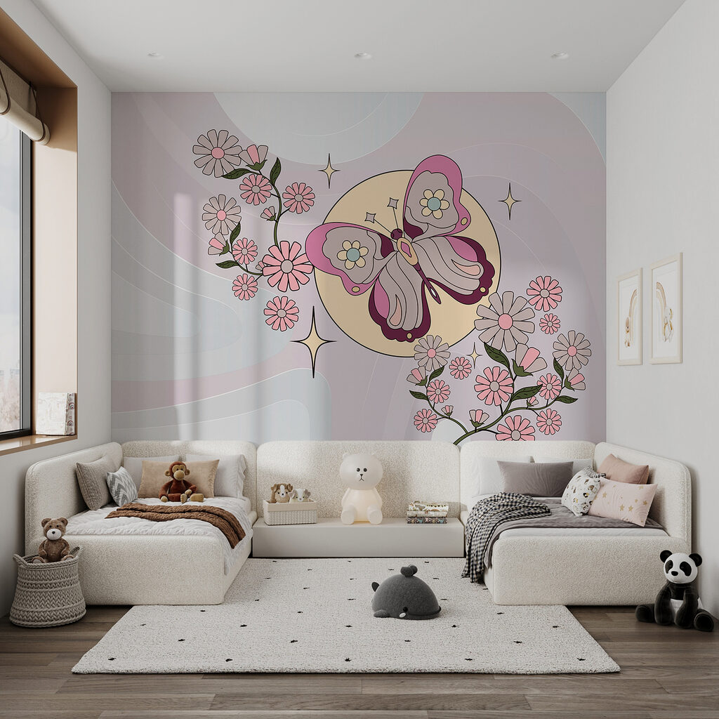 Butterfly above pink flowers — interior 5