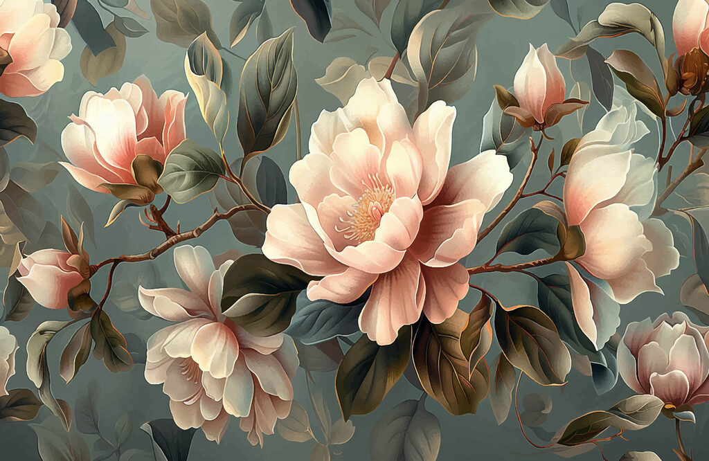 Magnolia branches on teal — full design