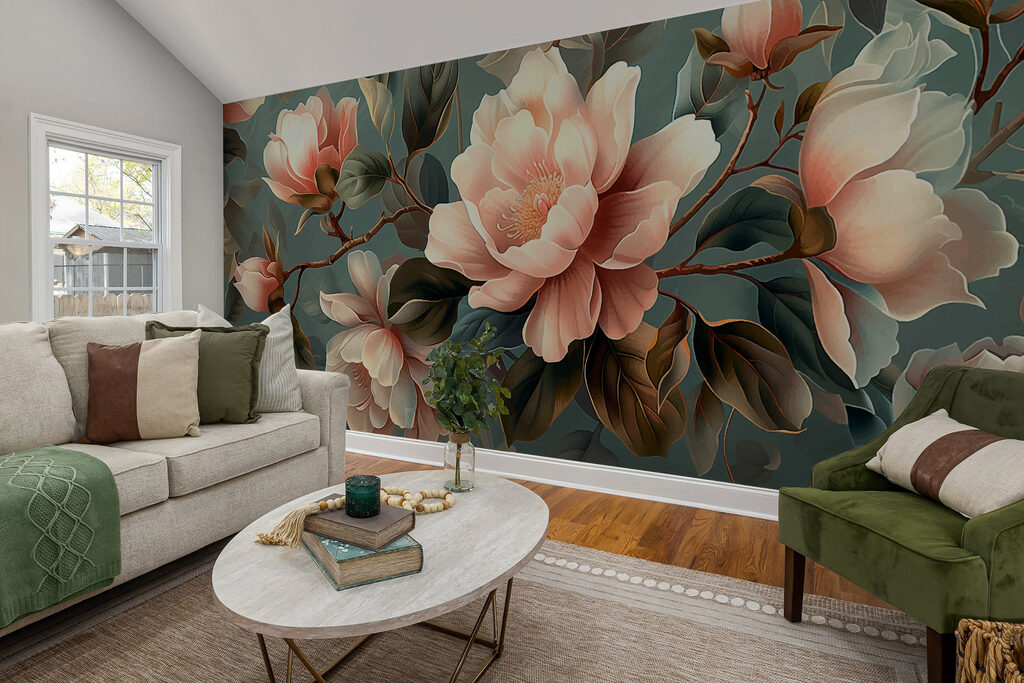 Magnolia branches on teal — interior 1