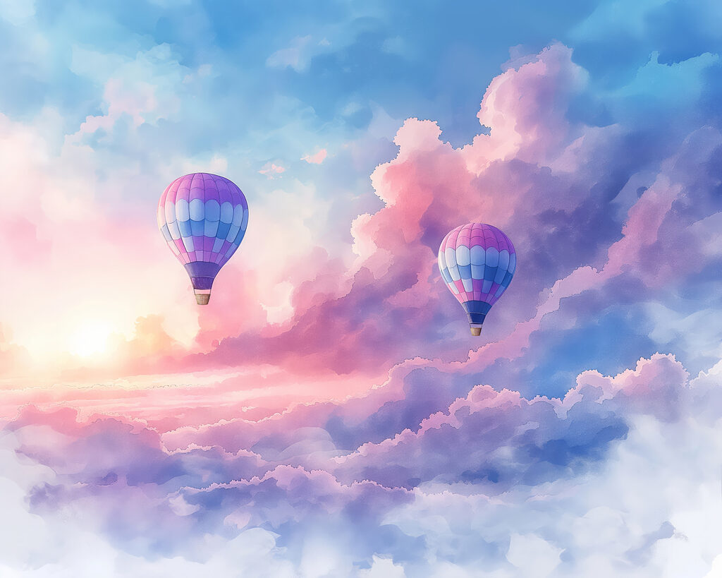 Balloons above pink clouds — full design