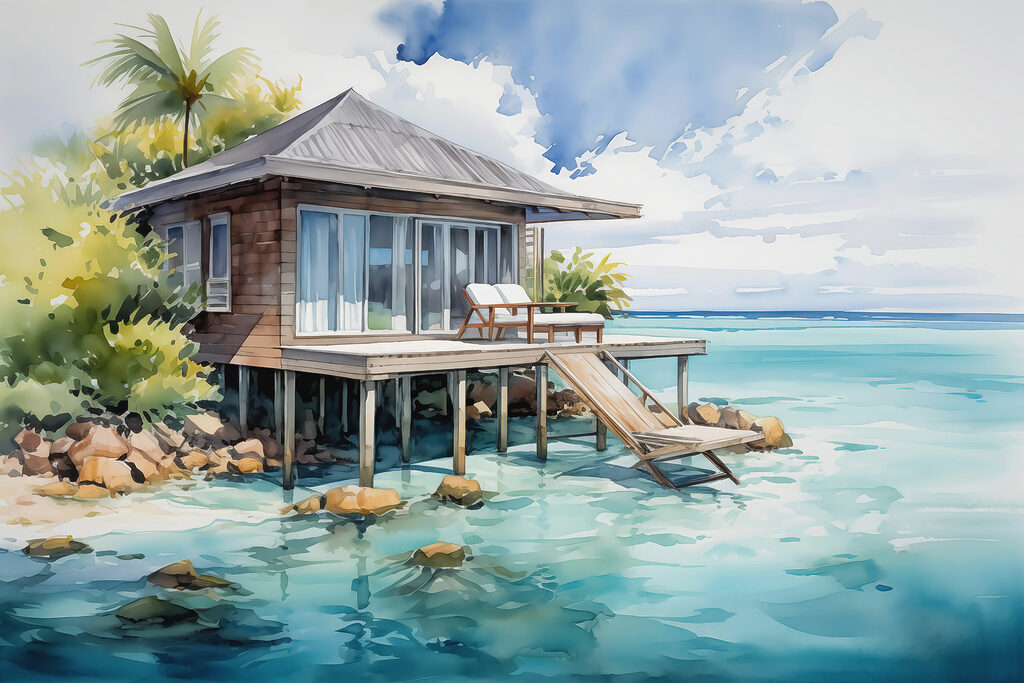 Beach house over turquoise — full design